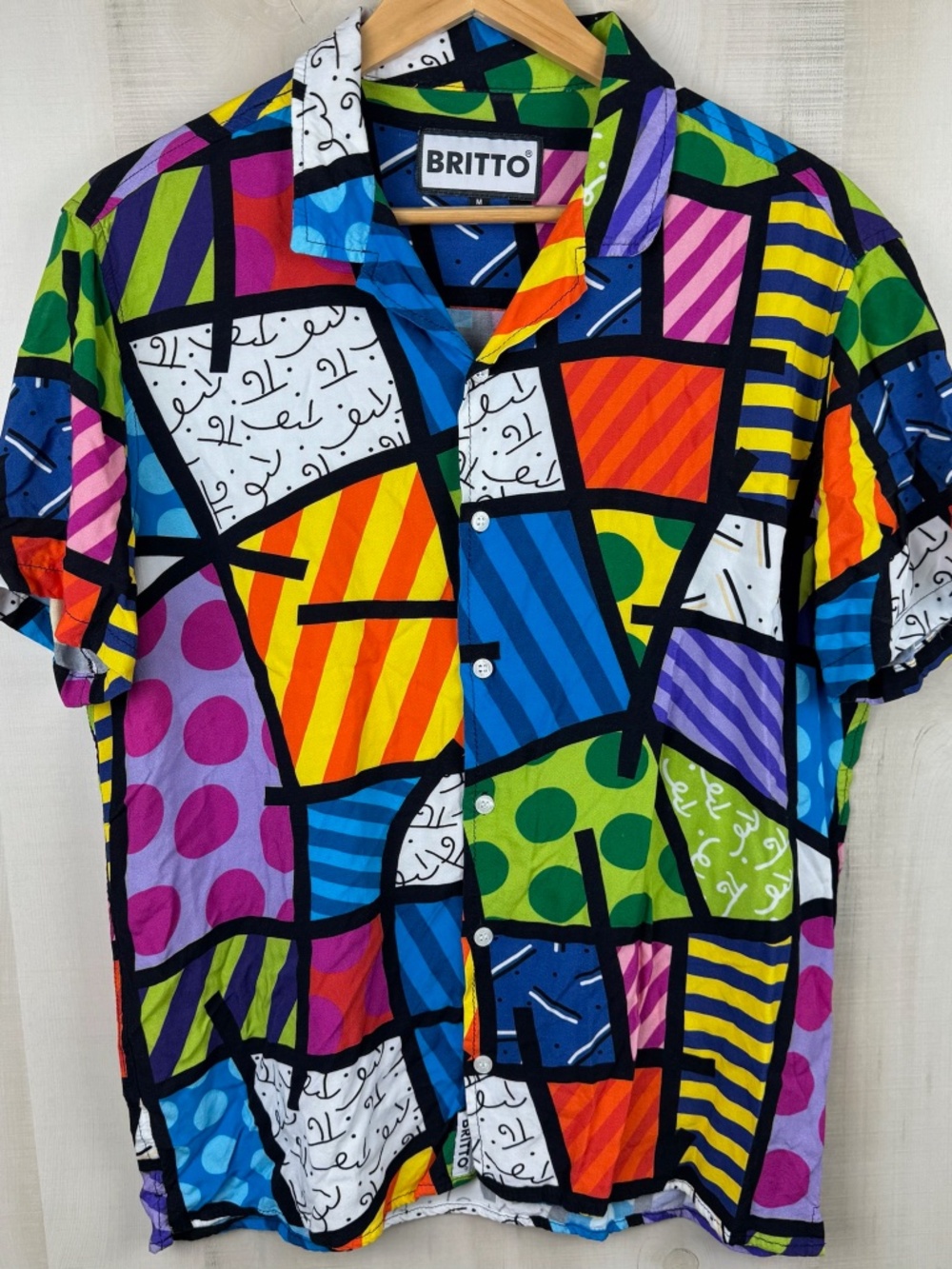 Romero Britto Men’s Short Sleeve Shirt Colorful Landscape Pop Art Medium Brazil